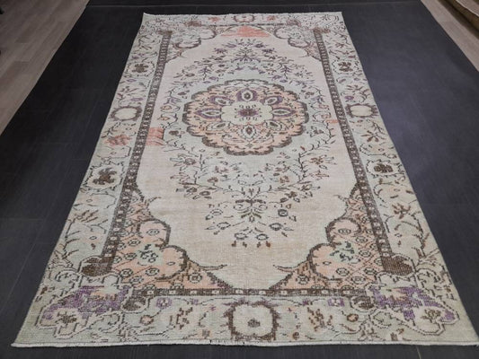 MUTED Vintage RUG 5.2 x 8.4 TURKISH Oushak Rug Vintage Oriental Rug Antique Persian Hand Made Rugs Distressed Turkish Rug Green Color Cream