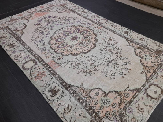 MUTED Vintage RUG 5.2 x 8.4 TURKISH Oushak Rug Vintage Oriental Rug Antique Persian Hand Made Rugs Distressed Turkish Rug Green Color Cream