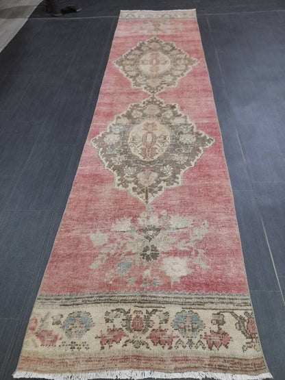 Handmade Runner Rug 2.6 x 11 Turkish Runner Rug Muted Vintage Runner Rug Oriental Hallway Runner Rug Kitchen Runner Rug Quality Wool Runner