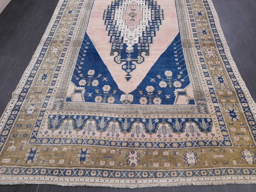 Navy and Pink OUSHAK RUG 5.8 x 11 TURKISH Rug Vintage Oriental Rug Vintage Persian Rug Wool Oushak Rug Hand Made Rug Vintage Turkish Rug