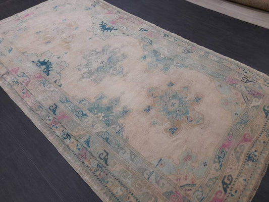 Muted OUSHAK RUG TURKISH Oushak Neutral Rug Vintage 4.7 x 8.9 Rug Wool Large Rug Hand Made Rugs Vintage Turkish Rug Vintage Living room rug