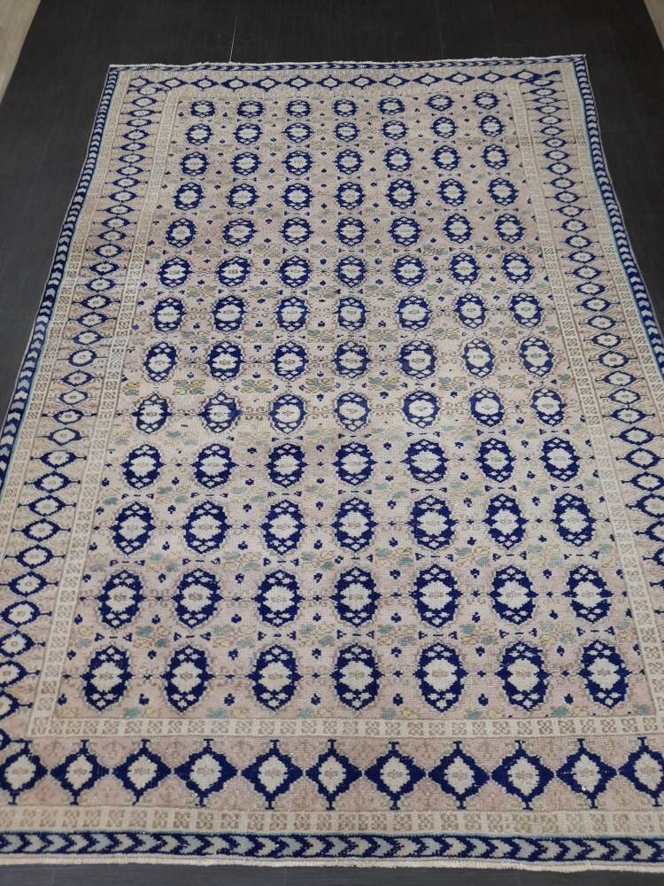 Vintage Turkish Rug, Vintage Navy 6.8 x 10 Rug, Oriental Rugs, Wool Rug, High Pile Vintage Rug, Hand Made Rug Persian Rug 7x10 rug