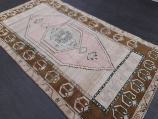 Turkish Rug Pink and Brown Oushak Rugs 3.5 x 6.2 Rug Wool Oriental Rug Hand Knotted Rug Small Farmhouse Rug, Vintage Rug Hand Made Rug