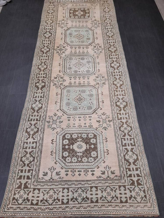 Vintage TURKISH Runner Rug Vintage Runner Rug 4.4 x 12.2 Oriental Runner Rug Wool Oushak Rug Hand Knotted Rugs Vintage Turkish Runner Rug