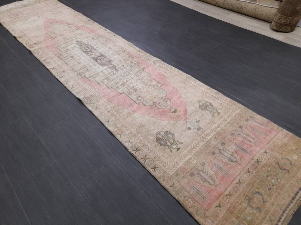 MUTED Staircase Runner Rug 2.7 x 12.2 Vintage Turkish Runner XL Vintage Oriental Pink Runner Rug Oushak Runner Rug Plush Soft Wool Runner