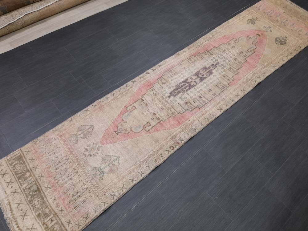 MUTED Staircase Runner Rug 2.7 x 12.2 Vintage Turkish Runner XL Vintage Oriental Pink Runner Rug Oushak Runner Rug Plush Soft Wool Runner