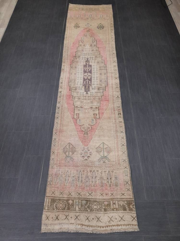 MUTED Staircase Runner Rug 2.7 x 12.2 Vintage Turkish Runner XL Vintage Oriental Pink Runner Rug Oushak Runner Rug Plush Soft Wool Runner