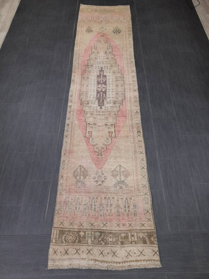 MUTED Staircase Runner Rug 2.7 x 12.2 Vintage Turkish Runner XL Vintage Oriental Pink Runner Rug Oushak Runner Rug Plush Soft Wool Runner