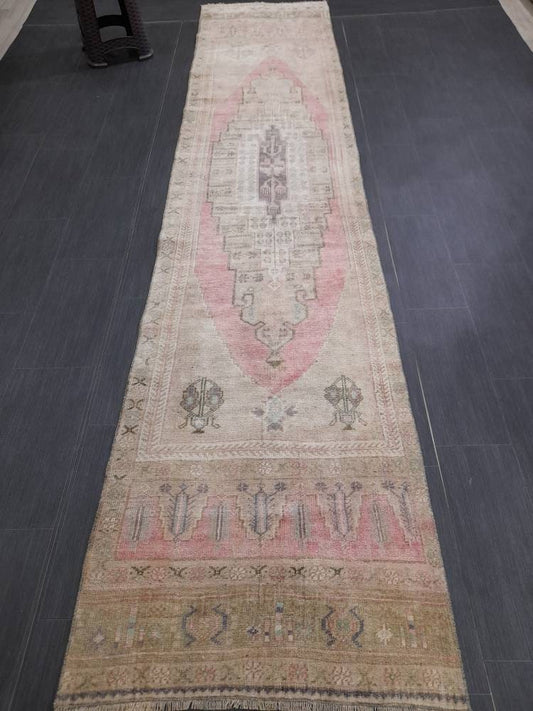 MUTED Staircase Runner Rug 2.7 x 12.2 Vintage Turkish Runner XL Vintage Oriental Pink Runner Rug Oushak Runner Rug Plush Soft Wool Runner