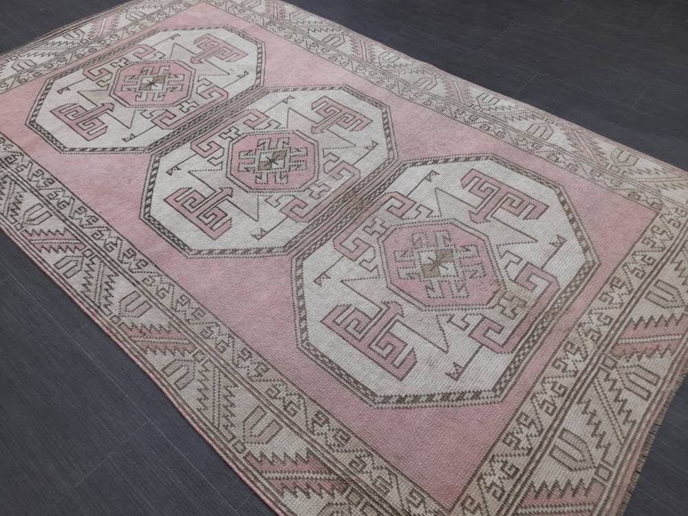 Vintage Turkish Rug, Oushak Rug 4 x 6.8 Distressed Hand Knotted Wool Rug, Oriental Rugs, HandMade Rug 4x7
