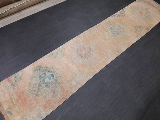 Hand Knotted Runner Rug Muted Turkish Runner Rug Vintage Runner Rug 2.6 x 12.8 Distressed Hallway Runner Kitchen Runner Rug Muted Runner Rug