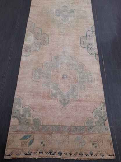 Hand Knotted Runner Rug Muted Turkish Runner Rug Vintage Runner Rug 2.6 x 12.8 Distressed Hallway Runner Kitchen Runner Rug Muted Runner Rug