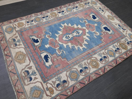 Blue Distressed Wool 5.6 x 7.8 RUG TURKISH Rug Vintage Oriental Rug Vintage Rug Oushak Rug Hand Made Rug Vintage Hand Knotted Turkish Rug