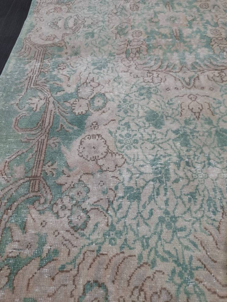 TURKISH HAND MADE Rug 5.6 x 9.2 Vintage Turkish Rug Oushak Rug Traditional Rug Oriental Green Rug Muted Vintage Floral Rug Elegant Wool Rug