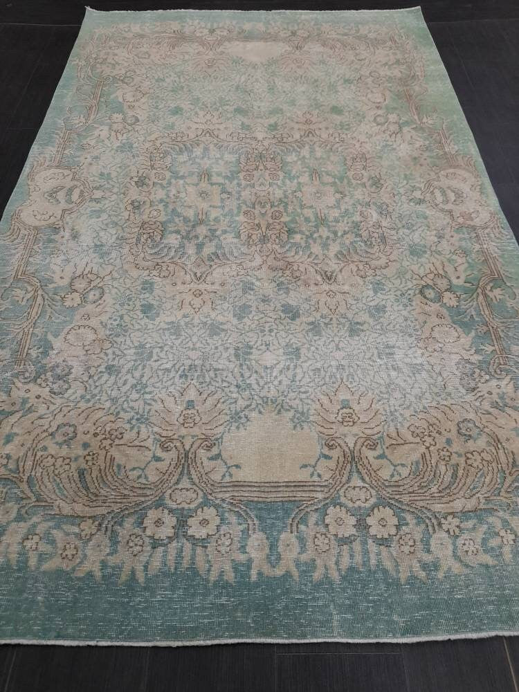 TURKISH HAND MADE Rug 5.6 x 9.2 Vintage Turkish Rug Oushak Rug Traditional Rug Oriental Green Rug Muted Vintage Floral Rug Elegant Wool Rug