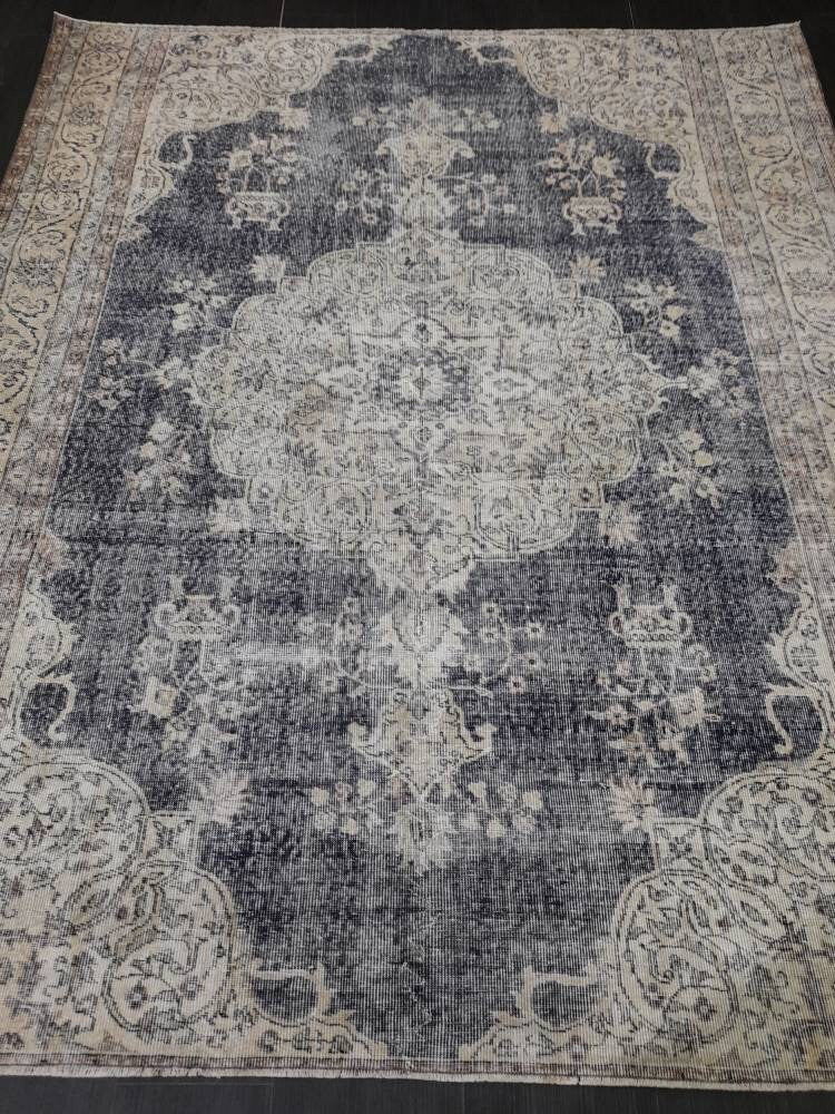 TURKISH HAND Knotted Rug 6.5 x 8 Vintage Turkish Rug Oushak Rug Traditional Rug Oriental Blue Rug Muted Vintage Floral Rug Elegant Wool Rug