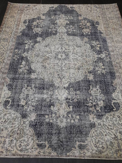 TURKISH HAND Knotted Rug 6.5 x 8 Vintage Turkish Rug Oushak Rug Traditional Rug Oriental Blue Rug Muted Vintage Floral Rug Elegant Wool Rug