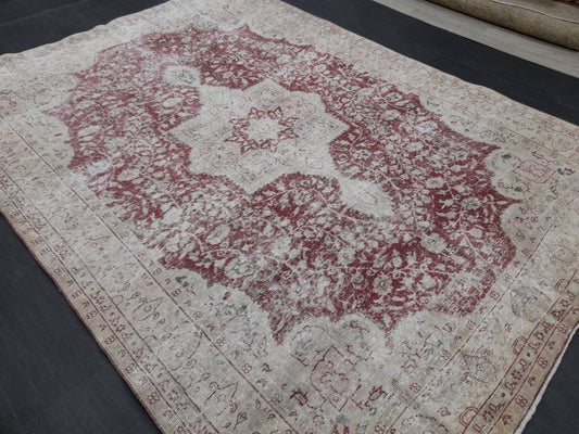 Vintage Turkish Rug 6.6 x 9 Oushak Rug Persian Rug Oriental Red Rug Muted Vintage Floral Rug Elegant Wool Rug Distressed HAND Knotted Rug