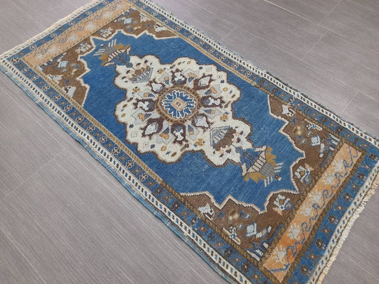 Blue Turkish Rug Small Area Vintage Rug 2x4 Oushak Rug,Hand woven Rug Hand Knotted Rug, Vintage OrientalRug Kitchen Rug door mat