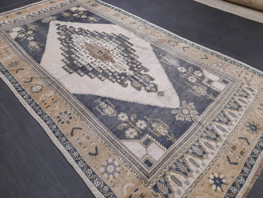 MUTED Large Vintage RUG TURKISH Oushak Rug 5 x 9.3 Vintage Oriental Rug Antique Persian Hand Made Rug Wool Turkish Anatolian Rug