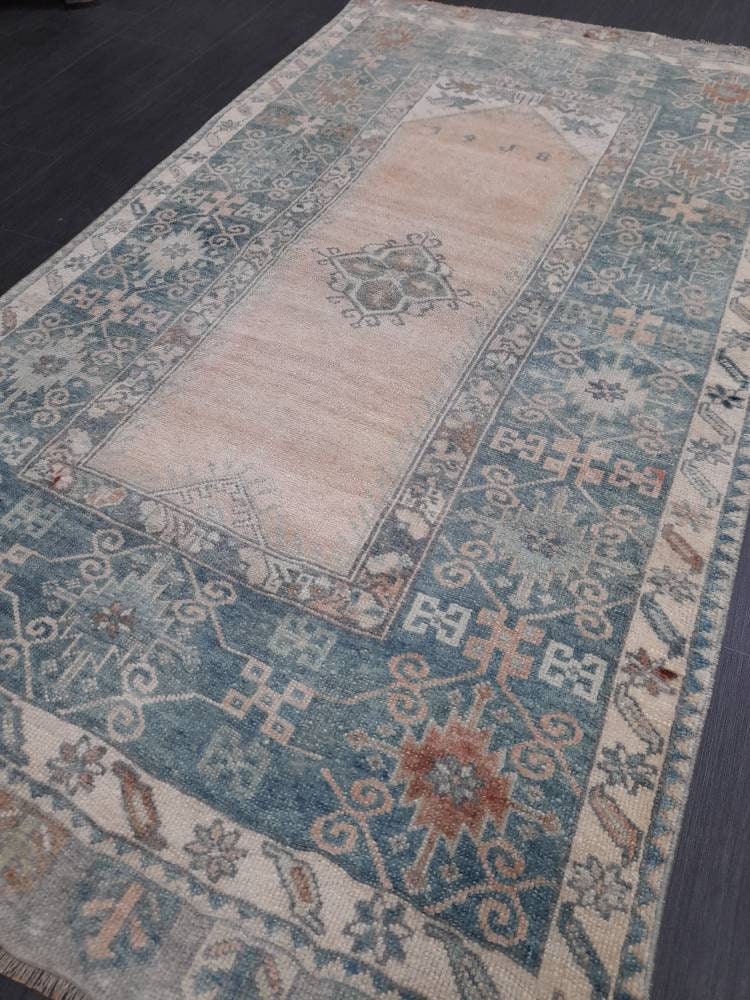 Muted Vintage RUG 3.7 x 6.6 TURKISH Rug Distressed Vintage  Rug Wool Oushak Rug Large Hand Made Rugs Vintage Turkish Rug Hand Knotted Rug