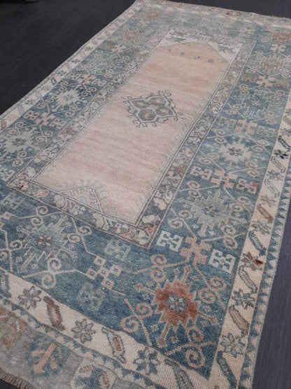 Muted Vintage RUG 3.7 x 6.6 TURKISH Rug Distressed Vintage  Rug Wool Oushak Rug Large Hand Made Rugs Vintage Turkish Rug Hand Knotted Rug