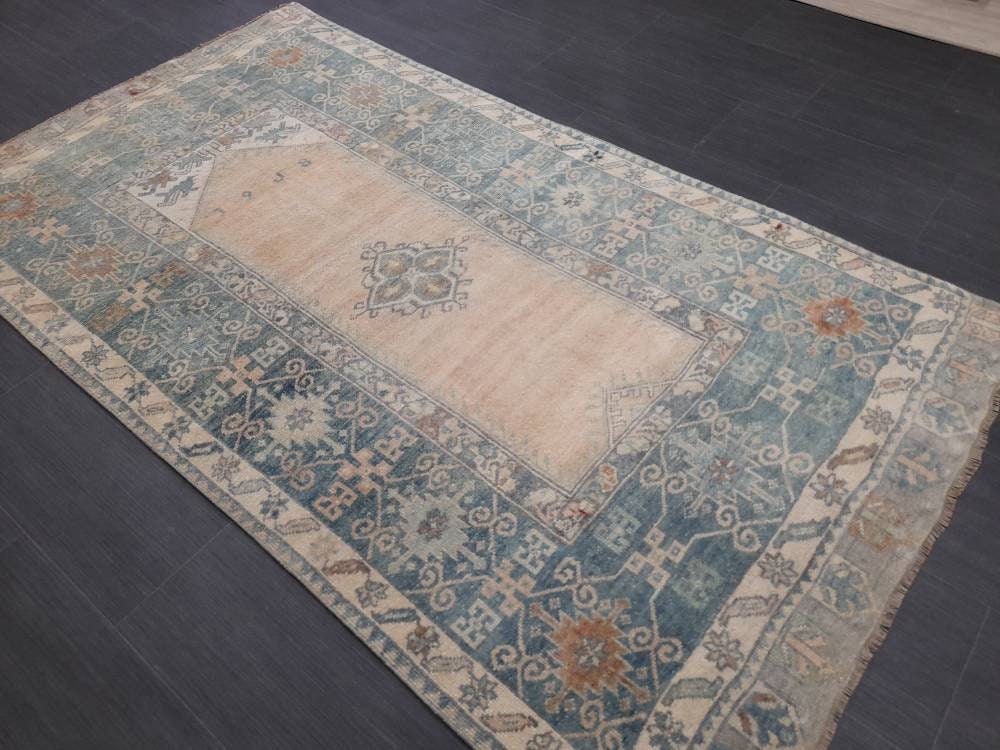 Muted Vintage RUG 3.7 x 6.6 TURKISH Rug Distressed Vintage  Rug Wool Oushak Rug Large Hand Made Rugs Vintage Turkish Rug Hand Knotted Rug