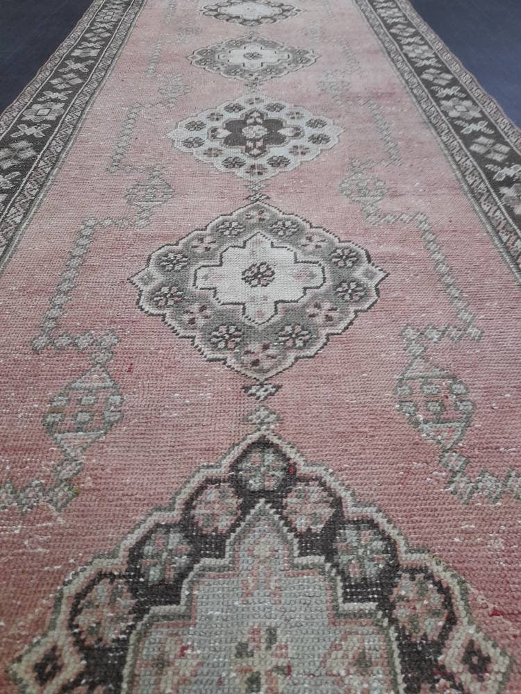Muted Turkish Runner Rug 4.2 x 11 Muted Vintage Runner Rug Hand Made Runner Rug Pink Vintage Runner Rug Hallway Runner Rug Distressed Runner