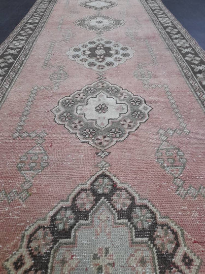Muted Turkish Runner Rug 4.2 x 11 Muted Vintage Runner Rug Hand Made Runner Rug Pink Vintage Runner Rug Hallway Runner Rug Distressed Runner