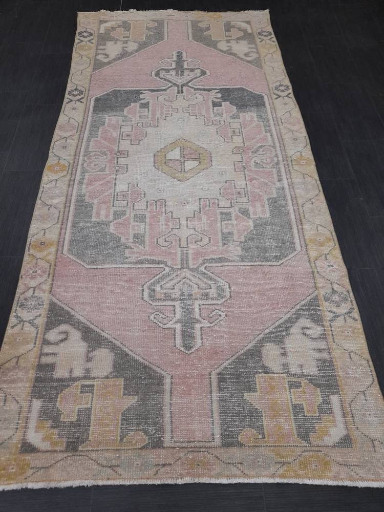 Hand Made Rug, Oushak Rug, Rustic Rug 4.2 x 9.2 Vintage Rug Pink Turkish Rug, Farmhouse Rug, Vintage Oriental Rug, Wool Hand Knotted rug