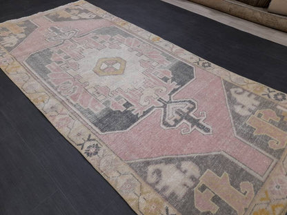 Hand Made Rug, Oushak Rug, Rustic Rug 4.2 x 9.2 Vintage Rug Pink Turkish Rug, Farmhouse Rug, Vintage Oriental Rug, Wool Hand Knotted rug