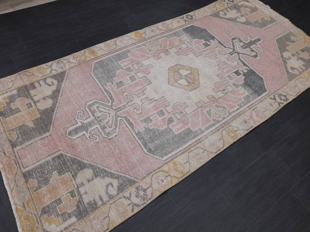 Hand Made Rug, Oushak Rug, Rustic Rug 4.2 x 9.2 Vintage Rug Pink Turkish Rug, Farmhouse Rug, Vintage Oriental Rug, Wool Hand Knotted rug