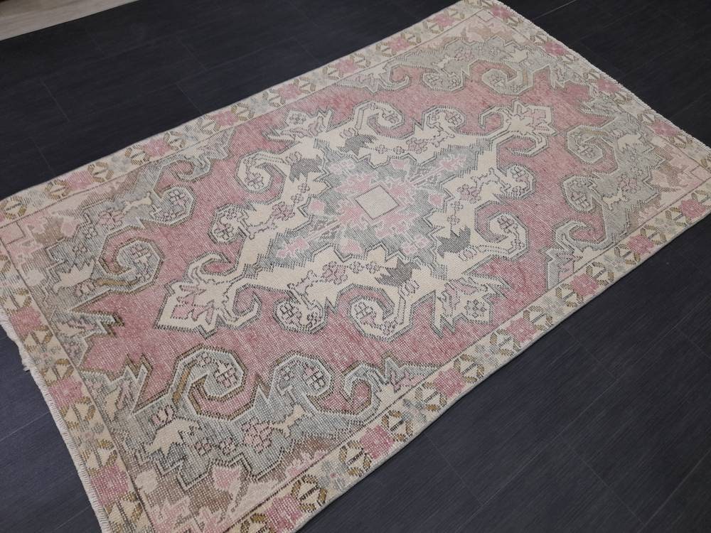 Hand Knotted Vintage Rug  4.2 x 7 Vintage Rug Red Turkish Rug Farmhouse Rug, Handmade Vintage Oriental Rug, Wool Hand Knotted rug