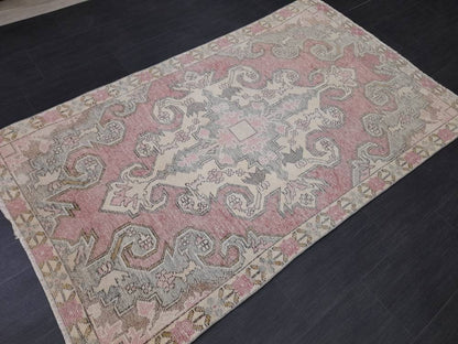 Hand Knotted Vintage Rug  4.2 x 7 Vintage Rug Red Turkish Rug Farmhouse Rug, Handmade Vintage Oriental Rug, Wool Hand Knotted rug