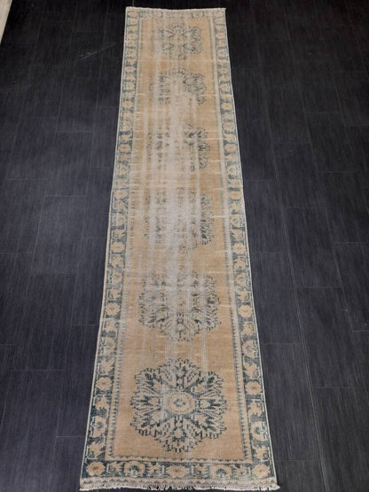 Distressed Antique Runner Rug 2.6 x 10.6 Turkish Runner Rug Vintage Runner Rug Old Hallway Runner Rug Kitchen Runner Rug Wool Runner Rug
