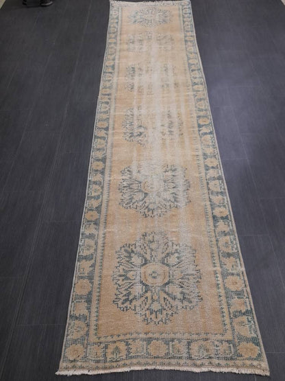 Distressed Antique Runner Rug 2.6 x 10.6 Turkish Runner Rug Vintage Runner Rug Old Hallway Runner Rug Kitchen Runner Rug Wool Runner Rug