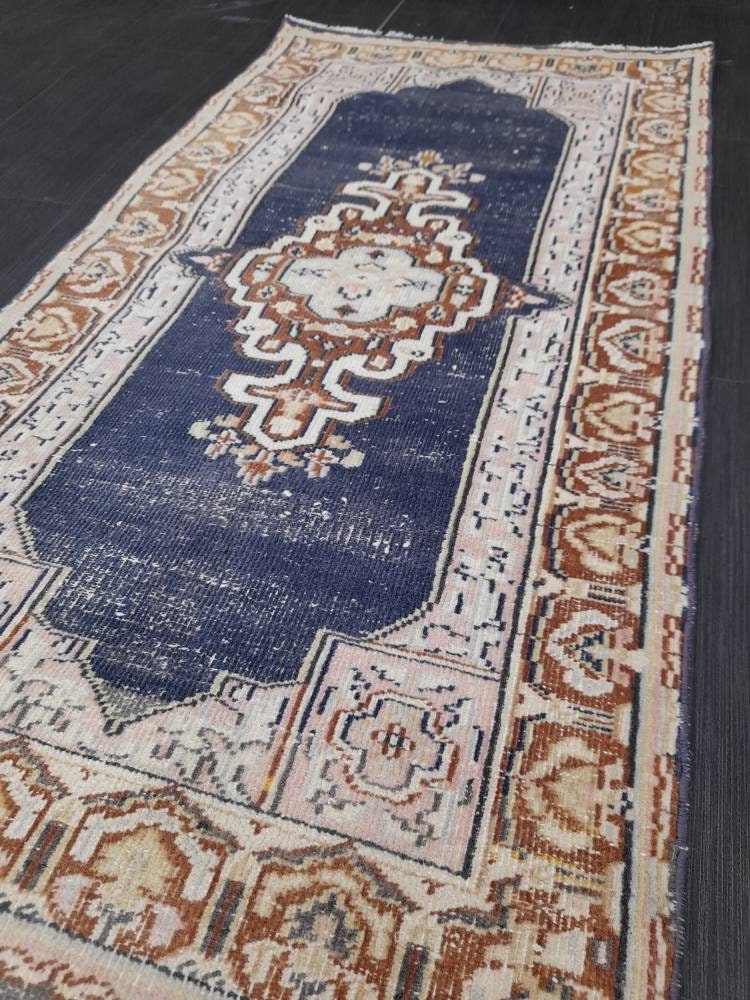 Blue Vintage Rug 2.3 x 4.4 Rug  Oushak Rug, Wool Oriental Rug Hand Made Rug Persian Rug, Vintage Turkish Rug Hand Knotted Wool Rug