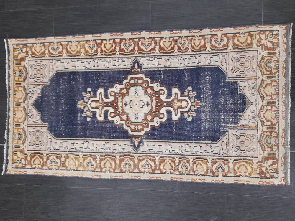 Blue Vintage Rug 2.3 x 4.4 Rug  Oushak Rug, Wool Oriental Rug Hand Made Rug Persian Rug, Vintage Turkish Rug Hand Knotted Wool Rug