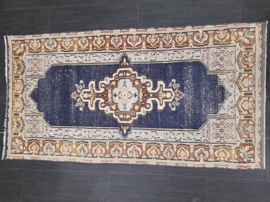 Blue Vintage Rug 2.3 x 4.4 Rug  Oushak Rug, Wool Oriental Rug Hand Made Rug Persian Rug, Vintage Turkish Rug Hand Knotted Wool Rug