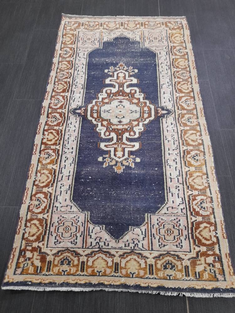Blue Vintage Rug 2.3 x 4.4 Rug  Oushak Rug, Wool Oriental Rug Hand Made Rug Persian Rug, Vintage Turkish Rug Hand Knotted Wool Rug