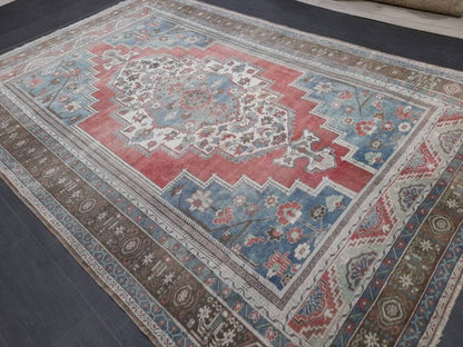 Oushak Rug 6.5 x 10 Blue And Red Persian Rug Vintage Rug Soft Wool Rug Antique Turkish Rug Muted  Quality Turkish Rug