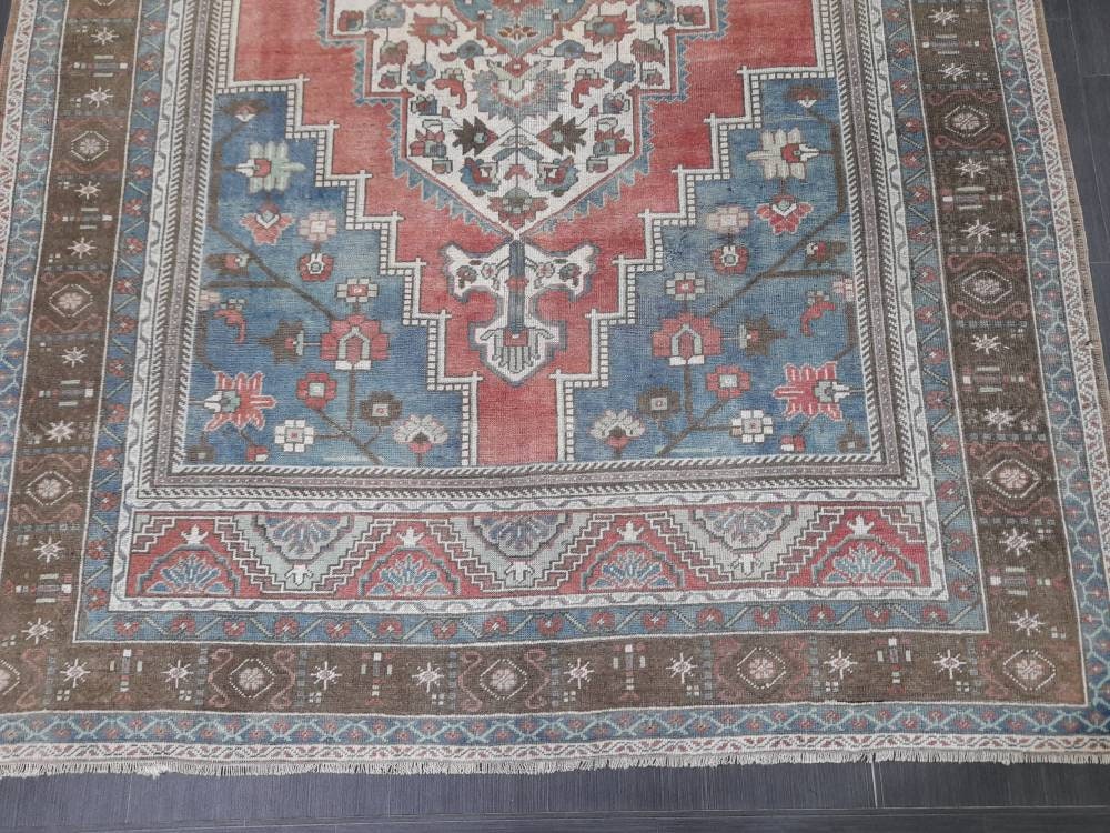 Oushak Rug 6.5 x 10 Blue And Red Persian Rug Vintage Rug Soft Wool Rug Antique Turkish Rug Muted  Quality Turkish Rug