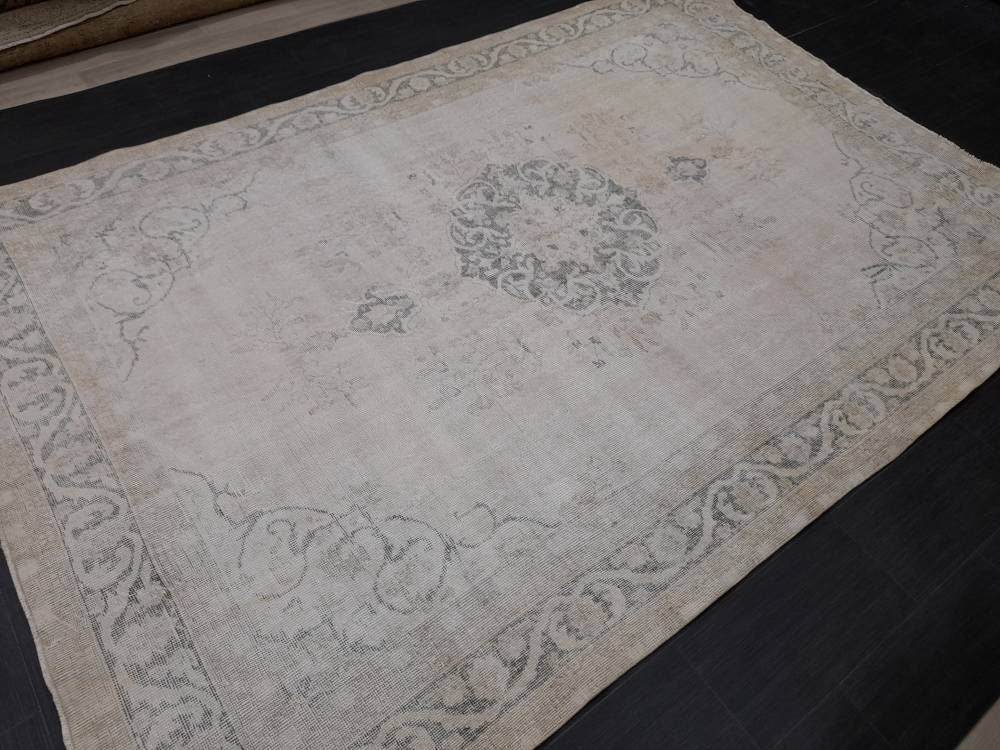 Muted Turkish Muted 6.8 x 10 Oushak Rug Large Area Rug Distressed Vintage Rug Oushak Rug 7 by 10 Muted Rug Hand Knotted Rug