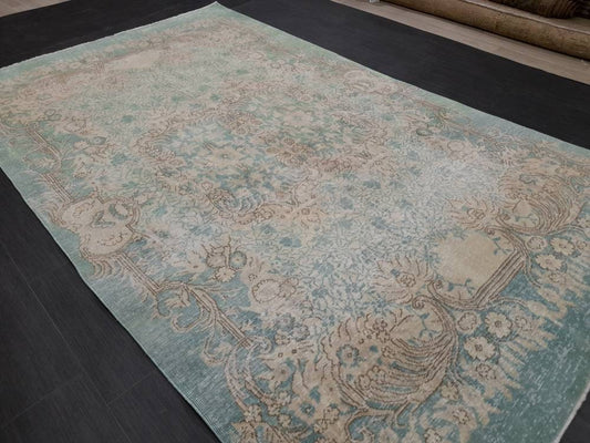 TURKISH HAND MADE Rug 5.6 x 9.2 Vintage Turkish Rug Oushak Rug Traditional Rug Oriental Green Rug Muted Vintage Floral Rug Elegant Wool Rug