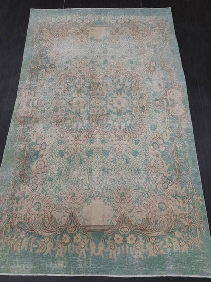 TURKISH HAND MADE Rug 5.6 x 9.2 Vintage Turkish Rug Oushak Rug Traditional Rug Oriental Green Rug Muted Vintage Floral Rug Elegant Wool Rug