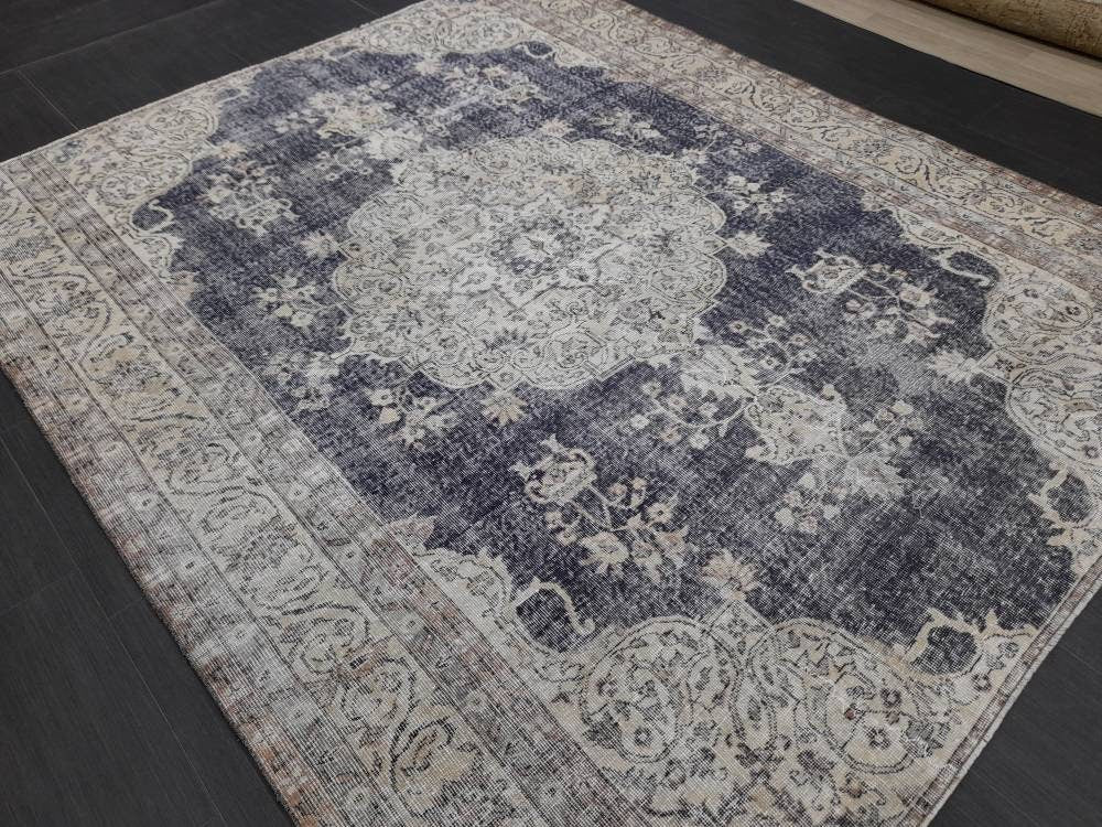 TURKISH HAND Knotted Rug 6.5 x 8 Vintage Turkish Rug Oushak Rug Traditional Rug Oriental Blue Rug Muted Vintage Floral Rug Elegant Wool Rug