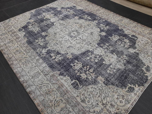 TURKISH HAND Knotted Rug 6.5 x 8 Vintage Turkish Rug Oushak Rug Traditional Rug Oriental Blue Rug Muted Vintage Floral Rug Elegant Wool Rug