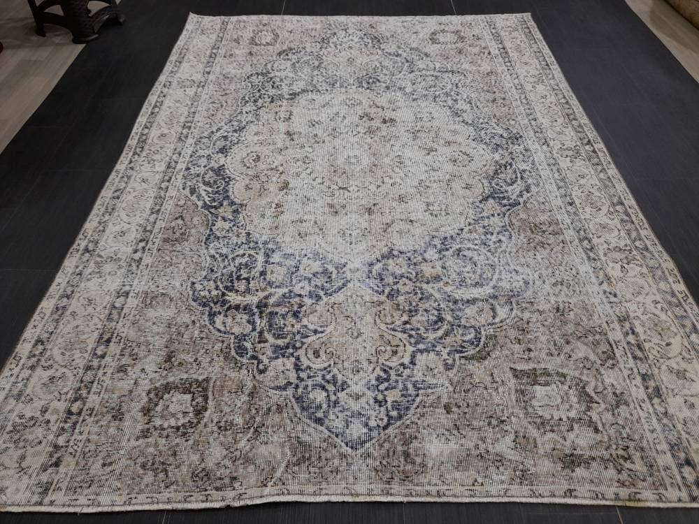 Distressed HAND Knotted Rug 6x8 Vintage Turkish Rug Oushak Rug Persian Rug Oriental Blue Rug Muted Vintage Floral Rug Elegant Wool Rug