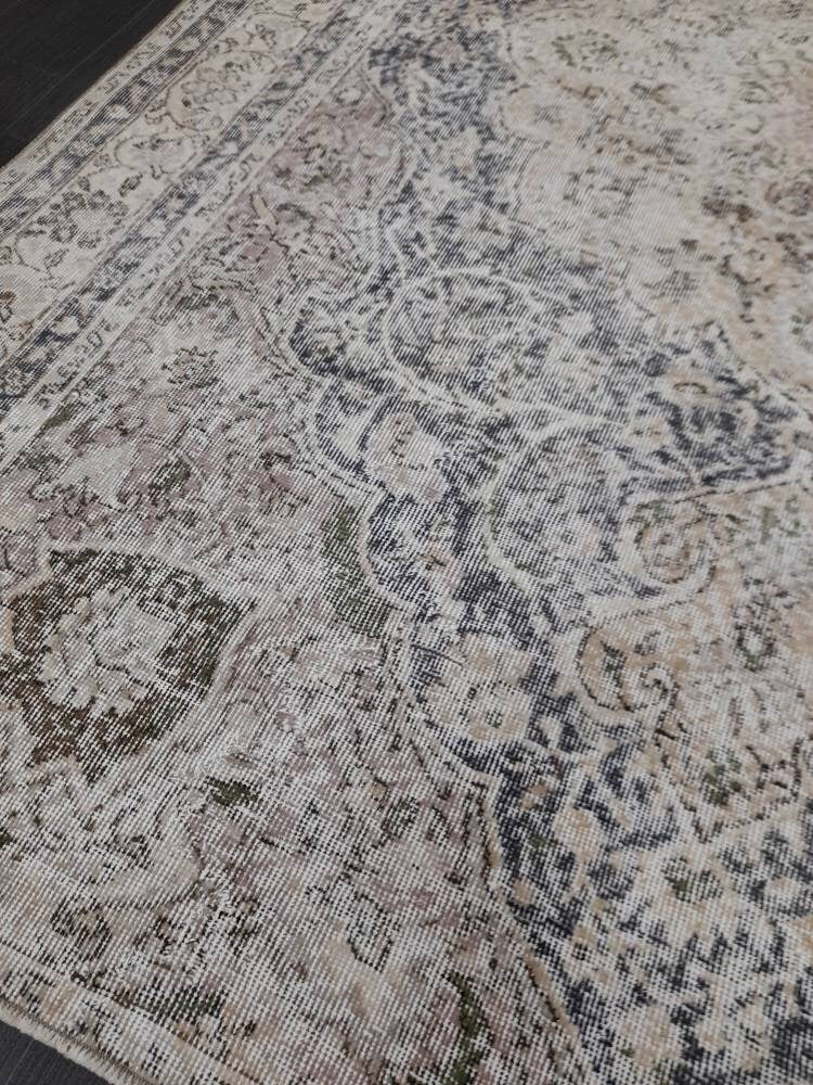 Distressed HAND Knotted Rug 6x8 Vintage Turkish Rug Oushak Rug Persian Rug Oriental Blue Rug Muted Vintage Floral Rug Elegant Wool Rug