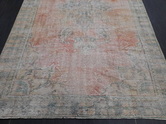 Vintage Turkish Rug 5.4 x 9 Oushak Rug Persian Rug Oriental Orange Rug Muted Vintage Floral Rug Elegant Wool Rug Distressed HAND Knotted Rug